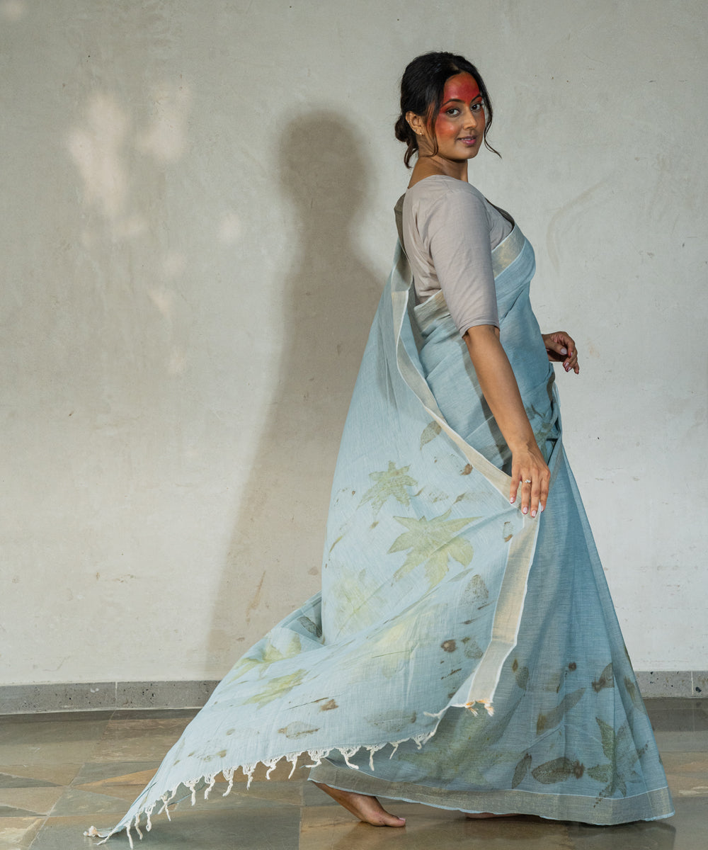 Blueish grey hand dyed with iron ore indigo cotton bio print saree