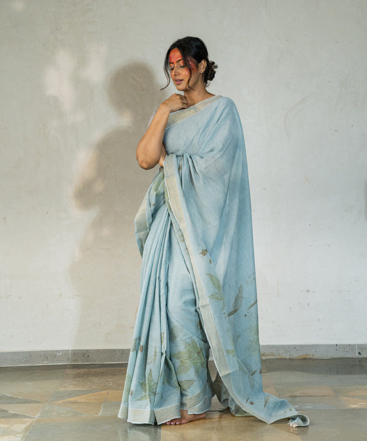 Blueish grey hand dyed with iron ore indigo cotton bio print saree