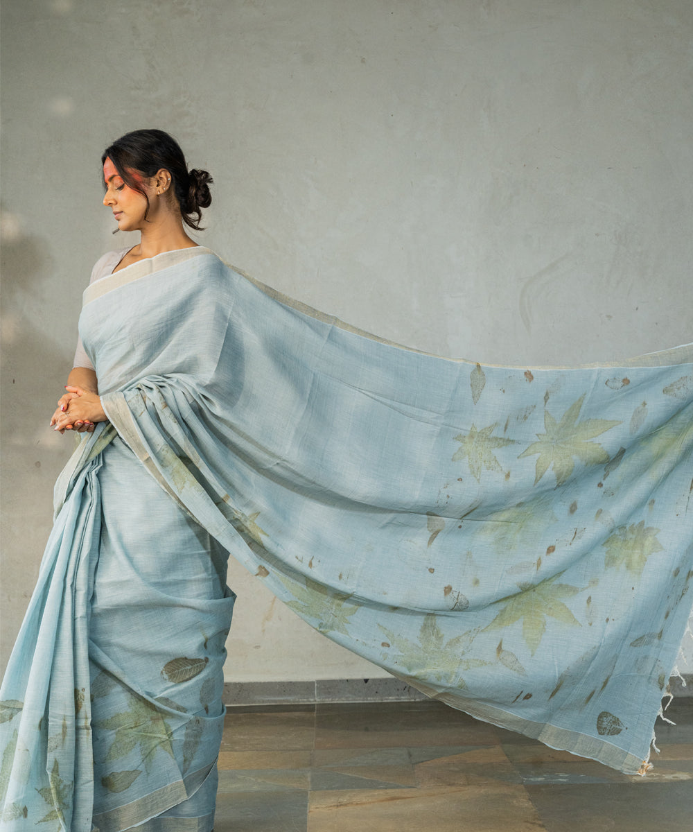 Blueish grey hand dyed with iron ore indigo cotton bio print saree