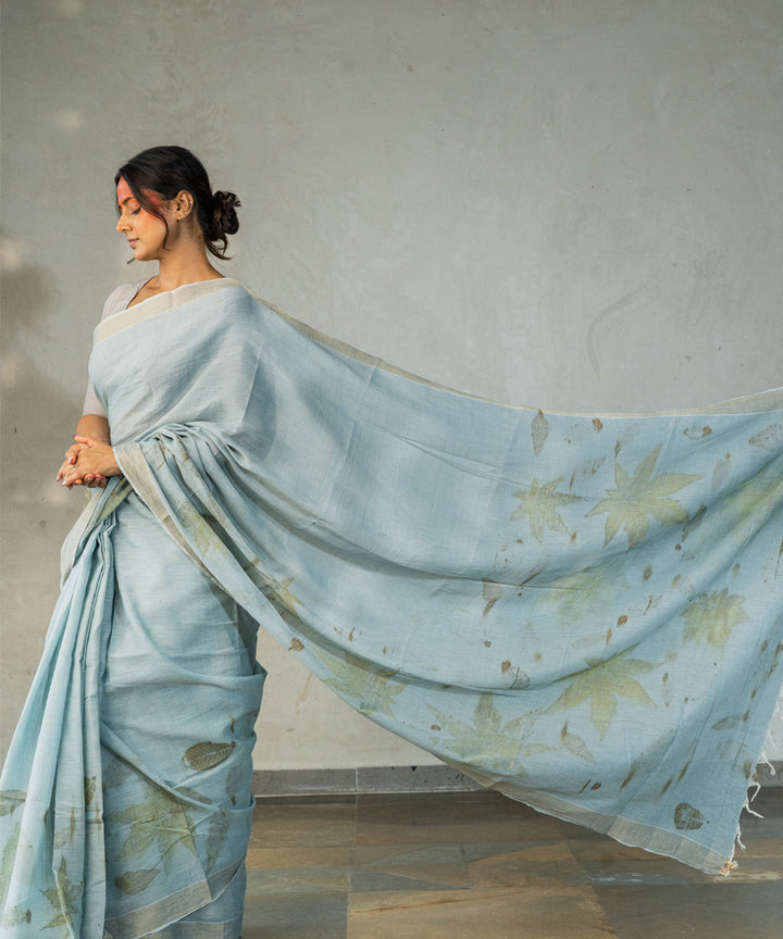 Blueish grey hand dyed with iron ore indigo cotton bio print saree