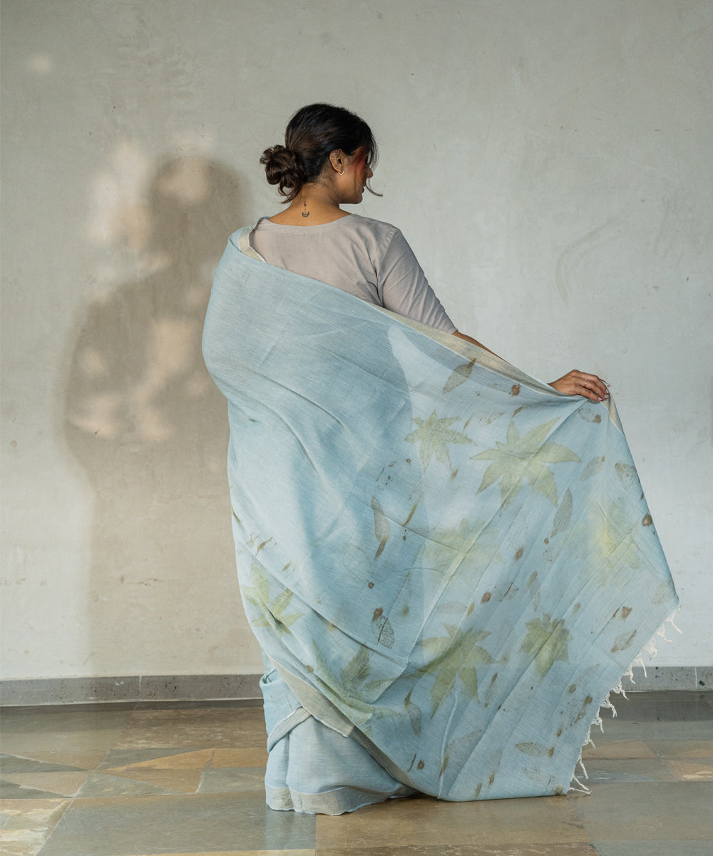 Blueish grey hand dyed with iron ore indigo cotton bio print saree