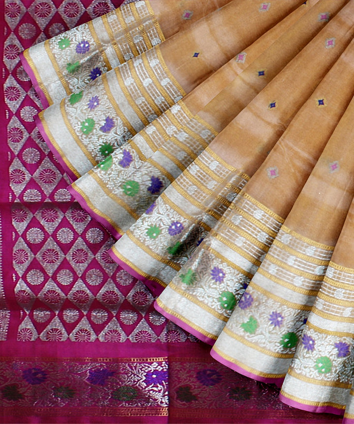 Cream pink handwoven venkatagiri silk saree