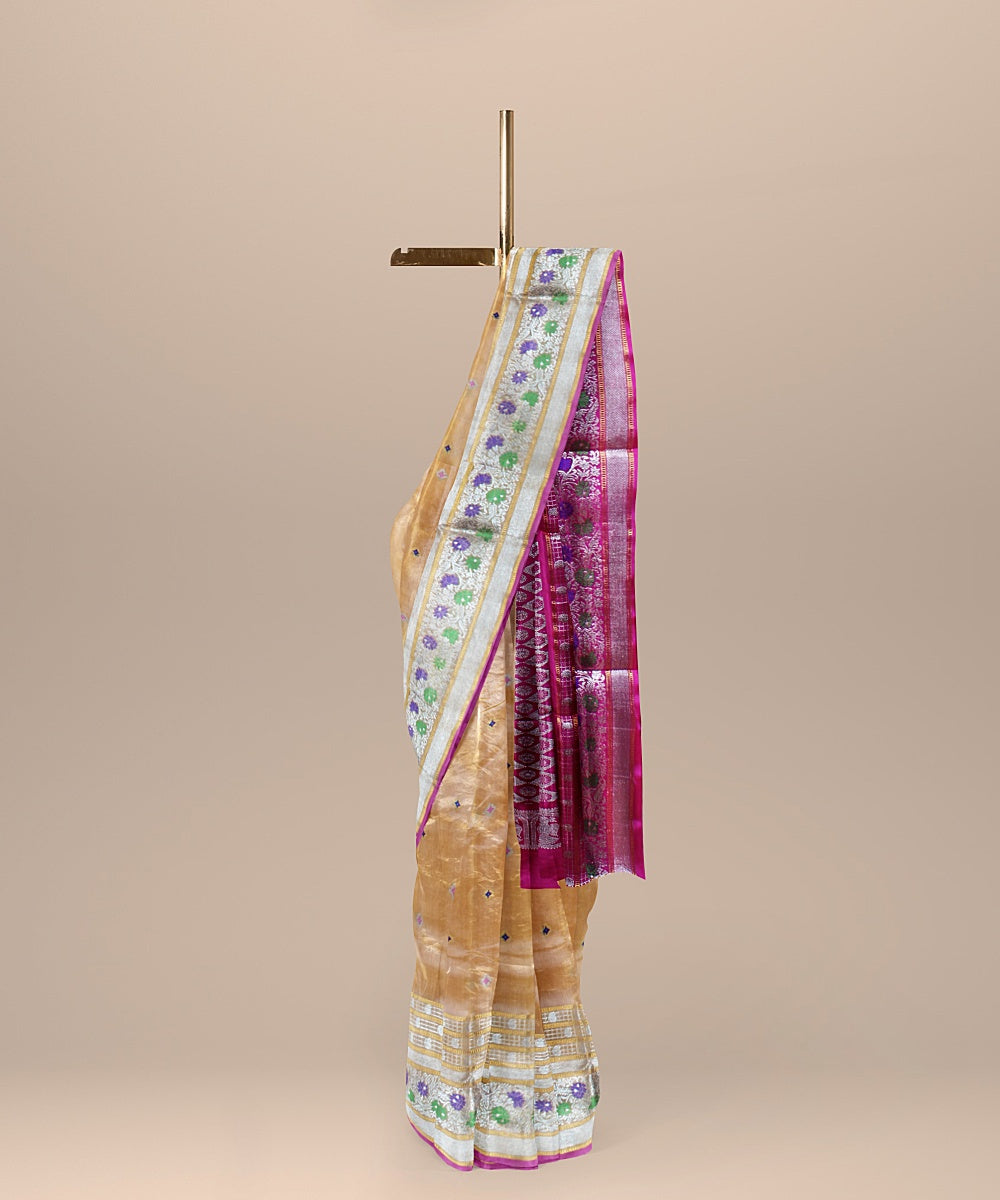 Cream pink handwoven venkatagiri silk saree