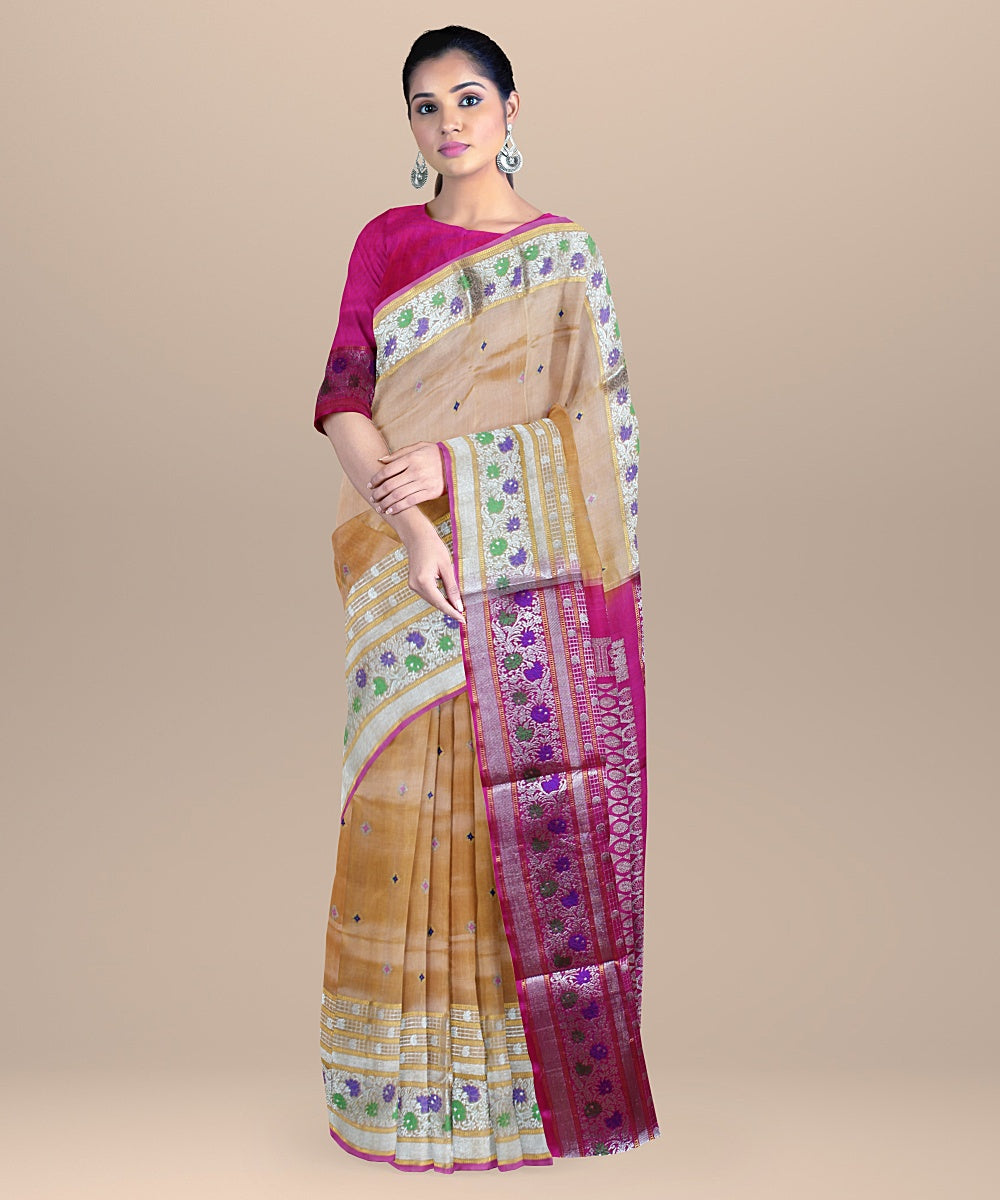 Cream pink handwoven venkatagiri silk saree