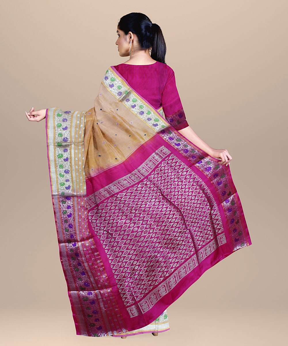 Cream pink handwoven venkatagiri silk saree