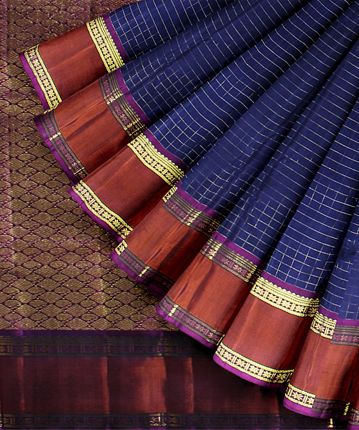 Navy blue red handwoven kanchi silk saree