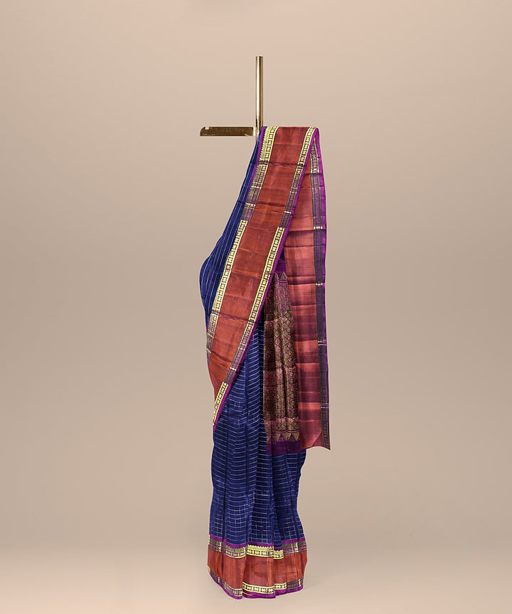 Navy blue red handwoven kanchi silk saree