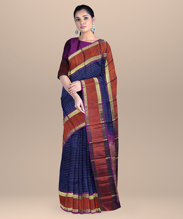 Navy blue red handwoven kanchi silk saree