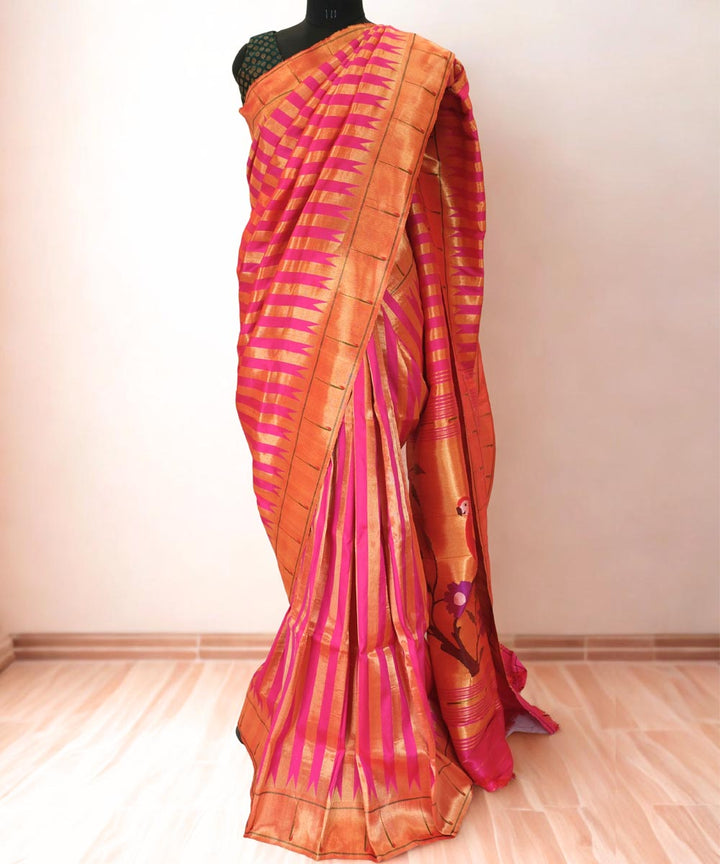 Pink muniya silk paithani saree with rich pallu