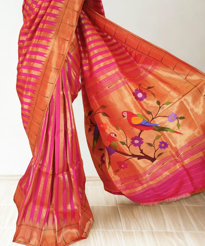 Pink muniya silk paithani saree with rich pallu