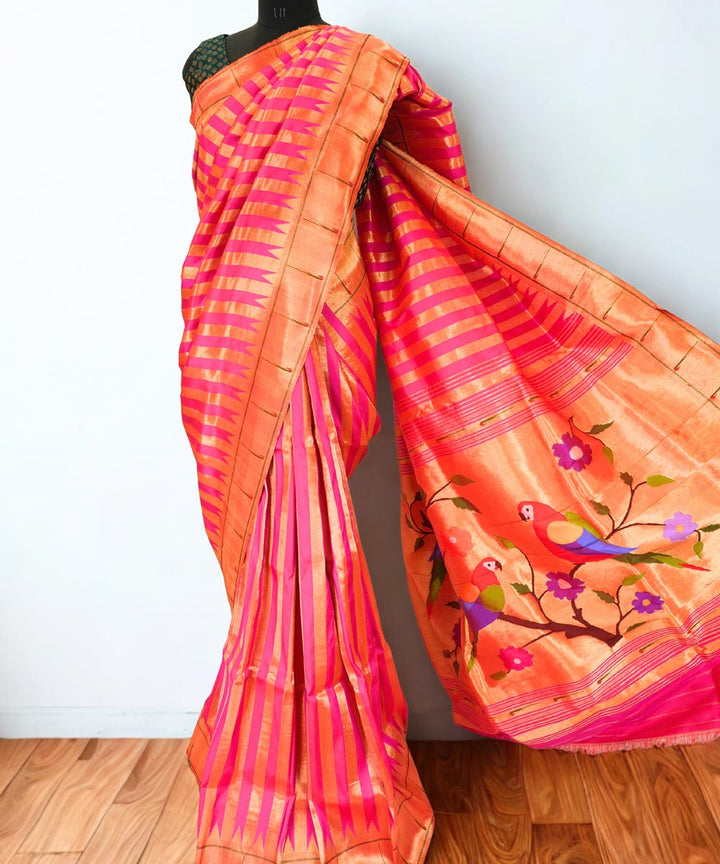 Pink muniya silk paithani saree with rich pallu