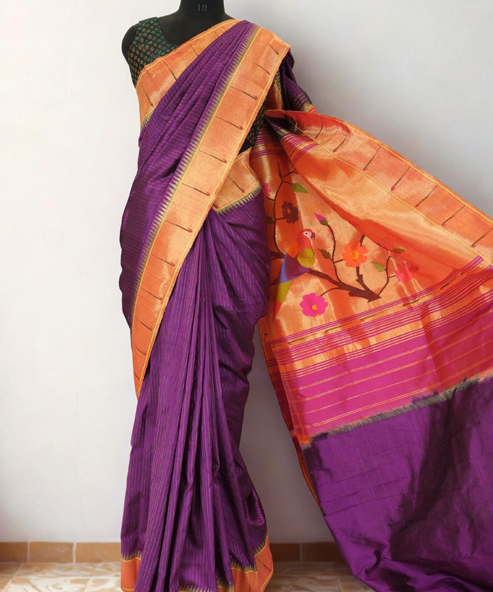 Aubergine muniya silk paithani saree