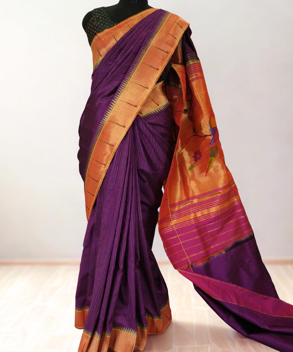 Aubergine muniya silk paithani saree