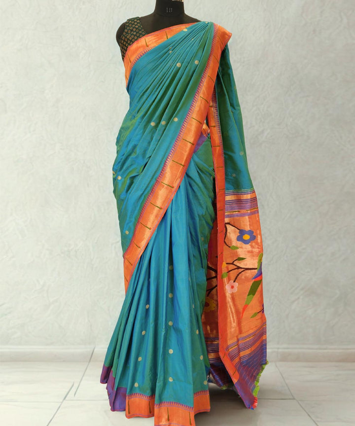 Sea blue single muniya paithani silk saree