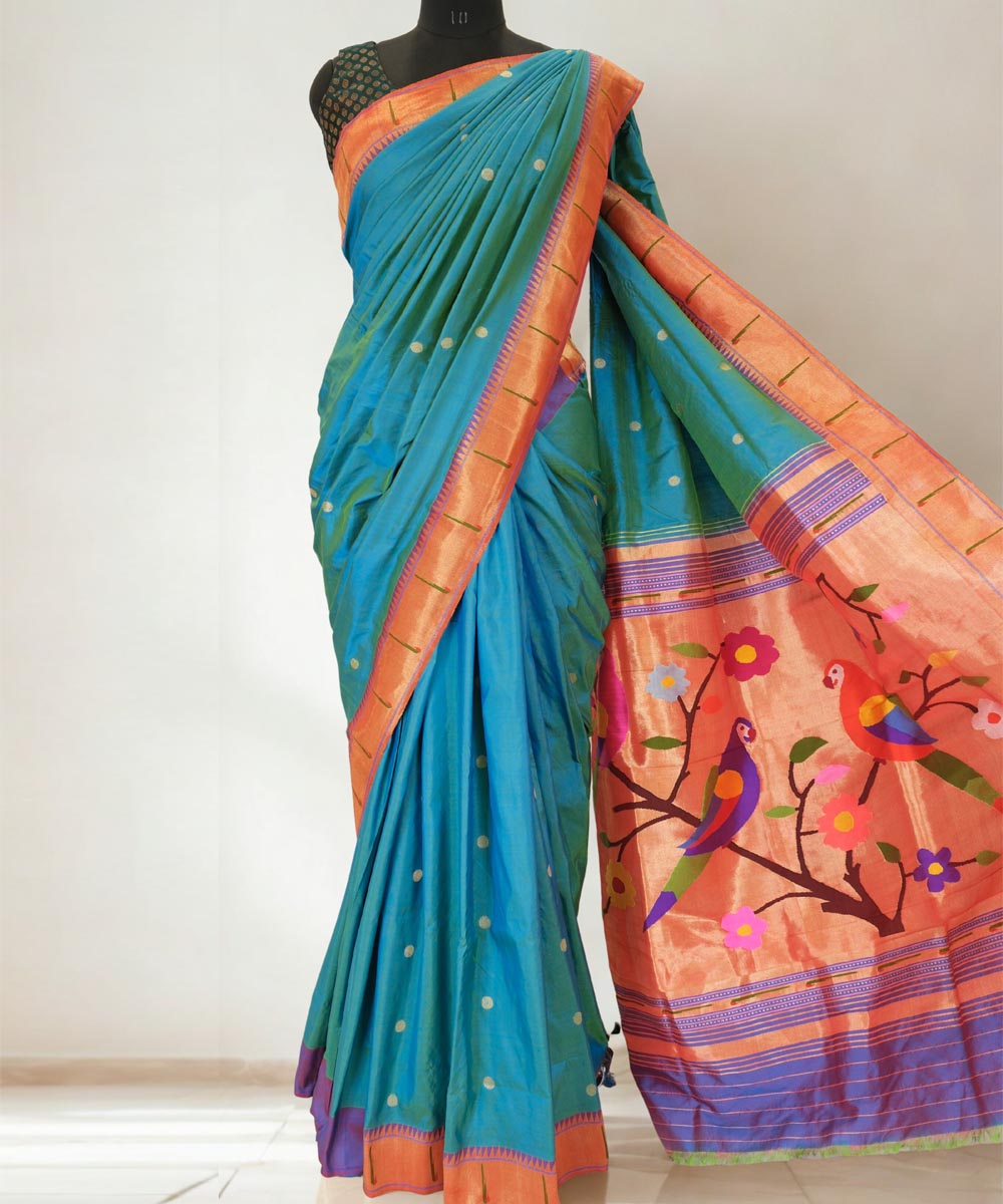 Sea blue single muniya paithani silk saree
