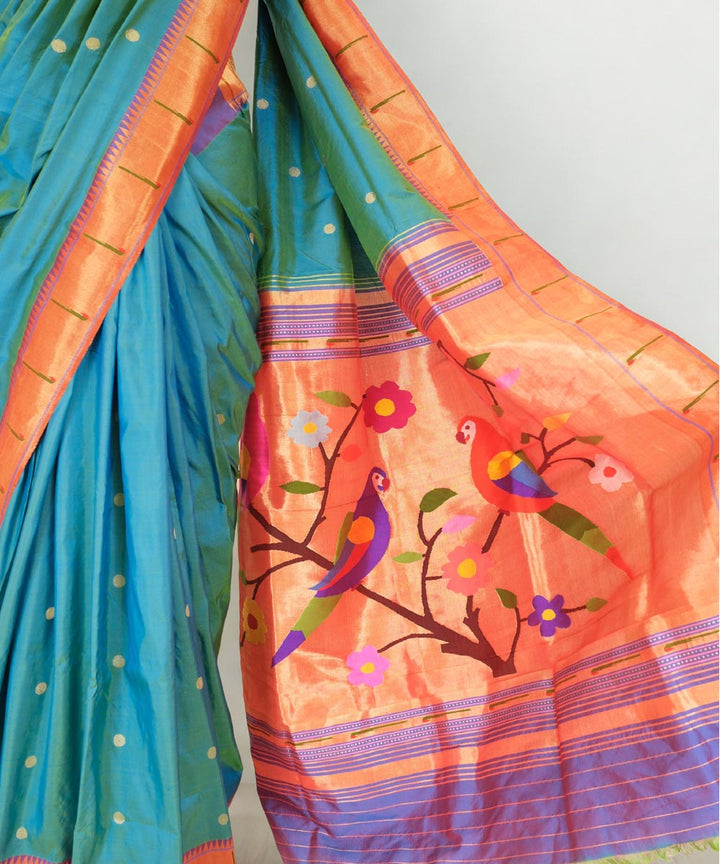 Sea blue single muniya paithani silk saree