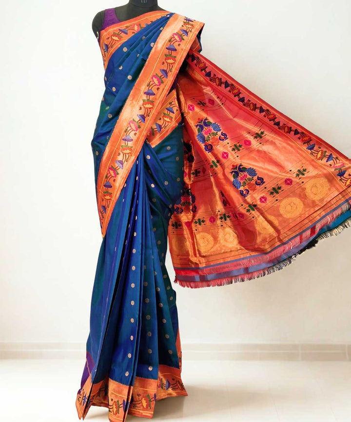Peacock blue lotus border silk paithani saree
