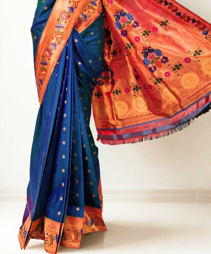 Peacock blue lotus border silk paithani saree