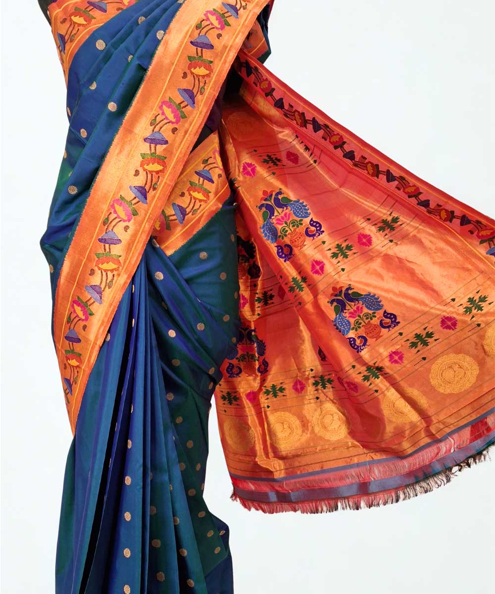 Peacock blue lotus border silk paithani saree