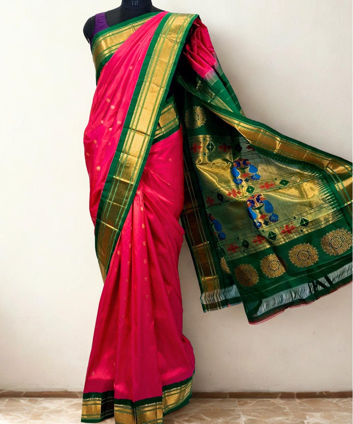 Pink maharani silk paithani saree with green border
