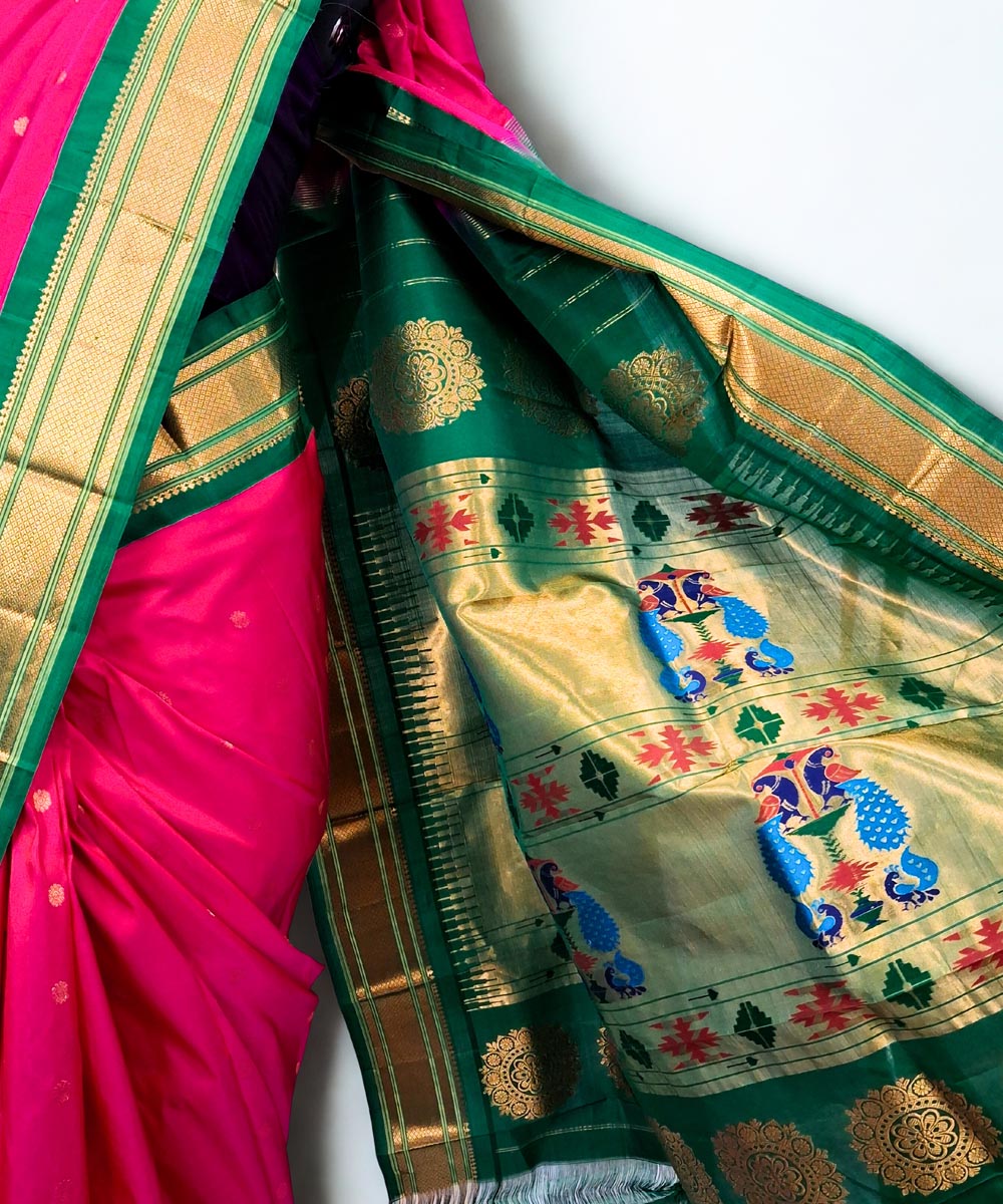 Pink maharani silk paithani saree with green border