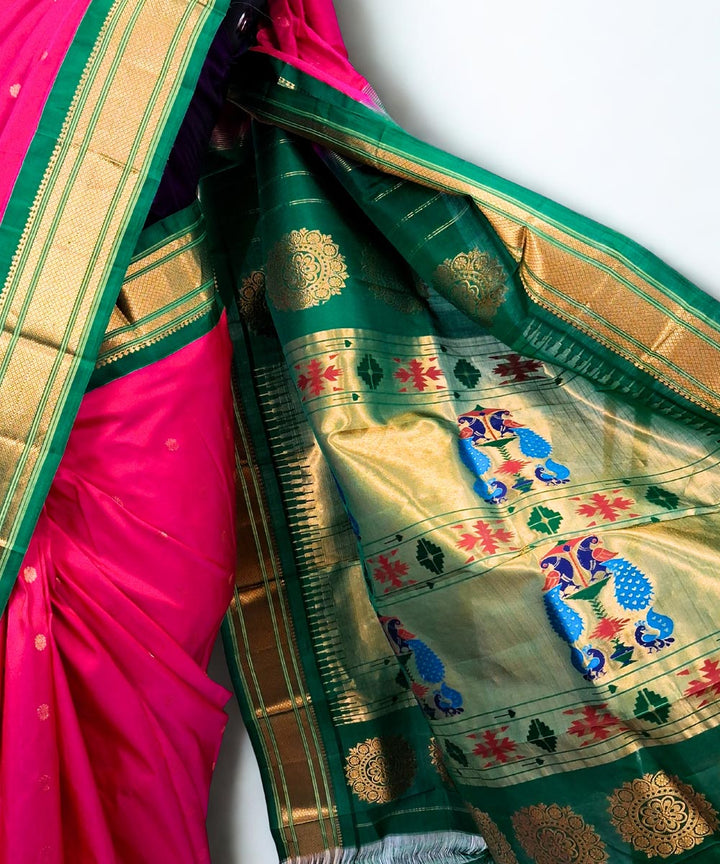 Pink maharani silk paithani saree with green border