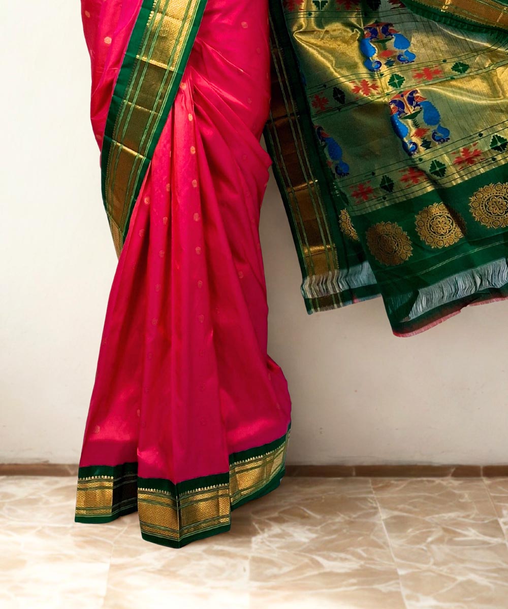 Pink maharani silk paithani saree with green border