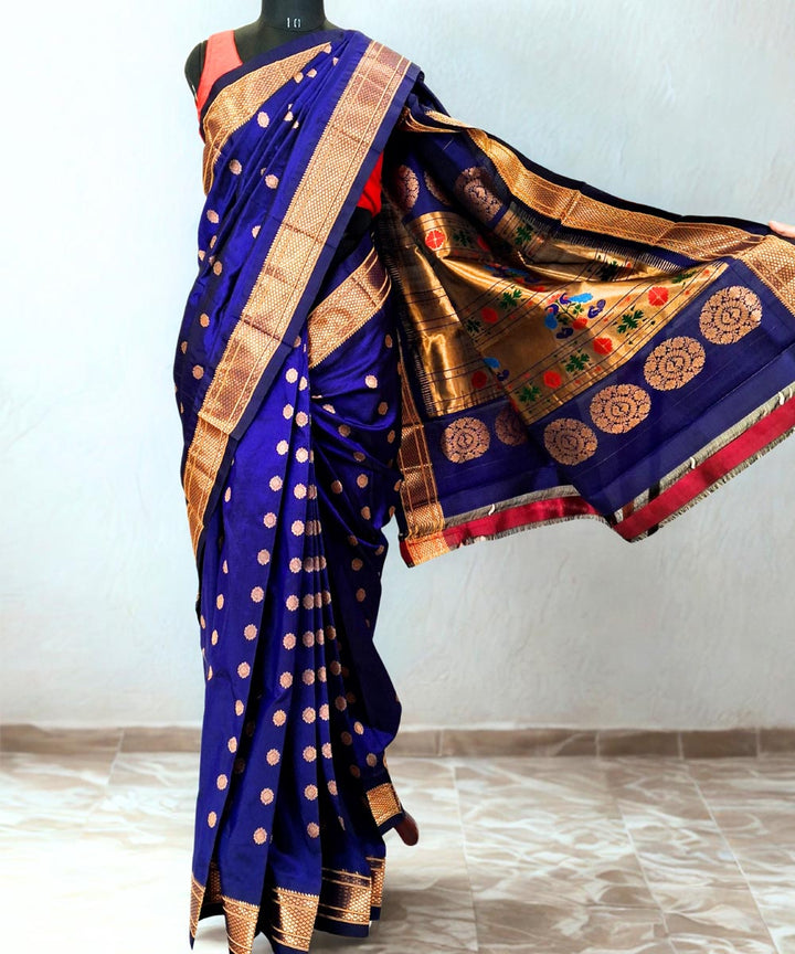 Navy blue maharani silk paithani saree in single color