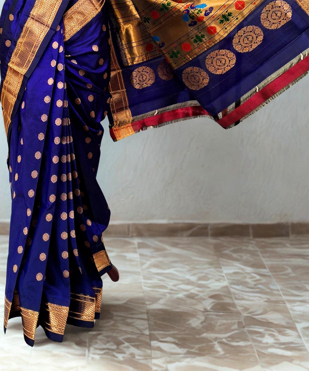 Navy blue maharani silk paithani saree in single color