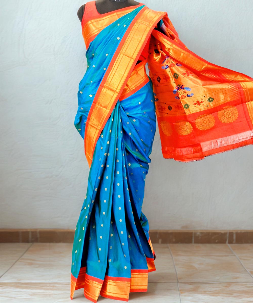 Peacock blue maharani silk paithani saree with red border