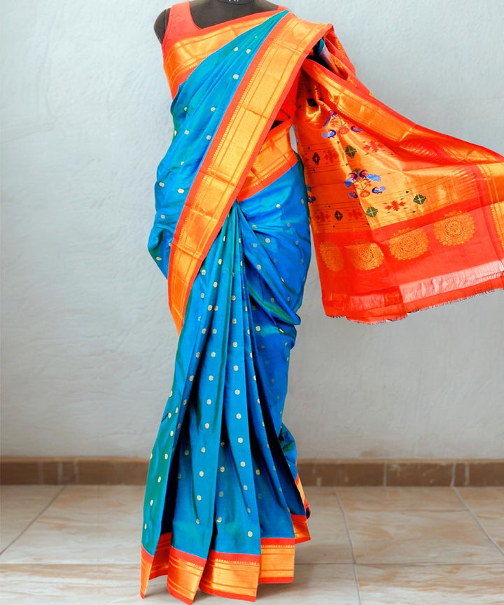 Peacock blue maharani silk paithani saree with red border