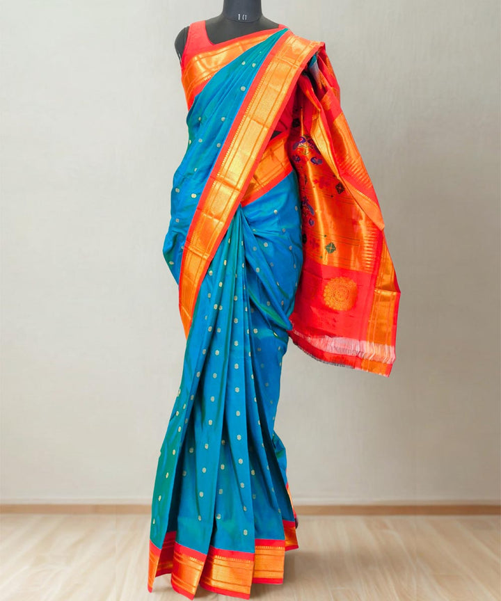 Peacock blue maharani silk paithani saree with red border