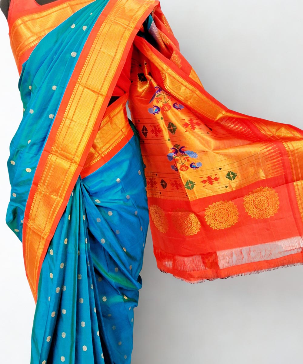 Peacock blue maharani silk paithani saree with red border