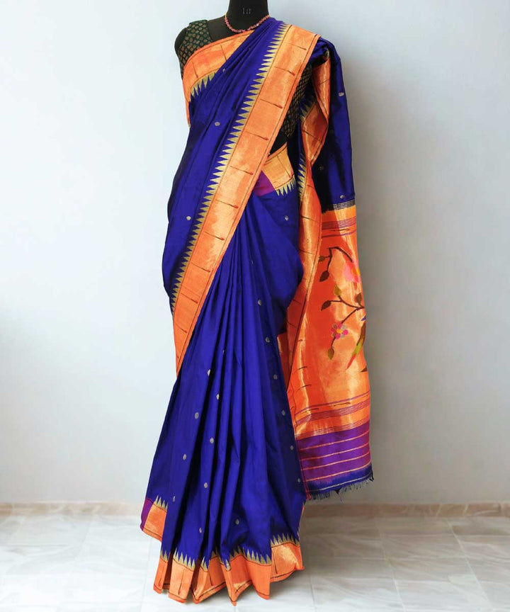 Navy blue muniya border silk paithani saree with rich pallu