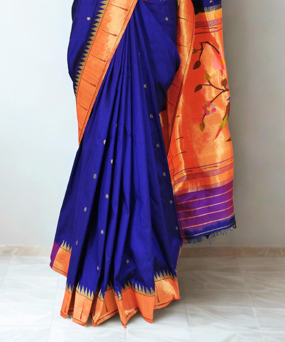 Navy blue muniya border silk paithani saree with rich pallu