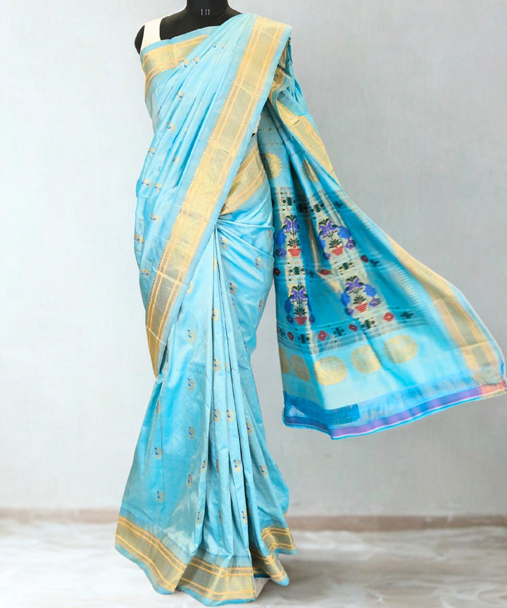 Powder blue silk paithani saree in single color