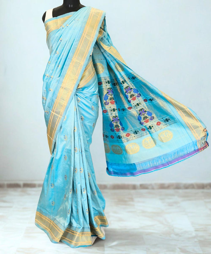 Powder blue silk paithani saree in single color