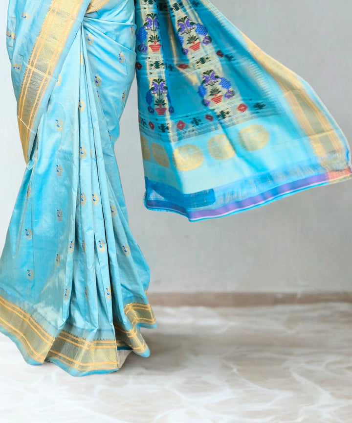 Powder blue silk paithani saree in single color