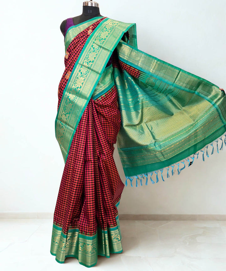 Fuchsia pink black checks silk gadwal saree
