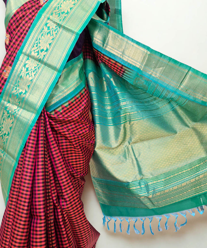 Fuchsia pink black checks silk gadwal saree