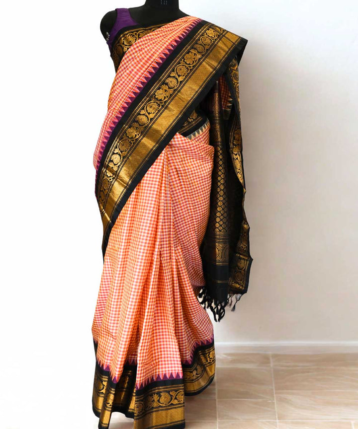 Red and peach checks silk gadwal saree with temple border
