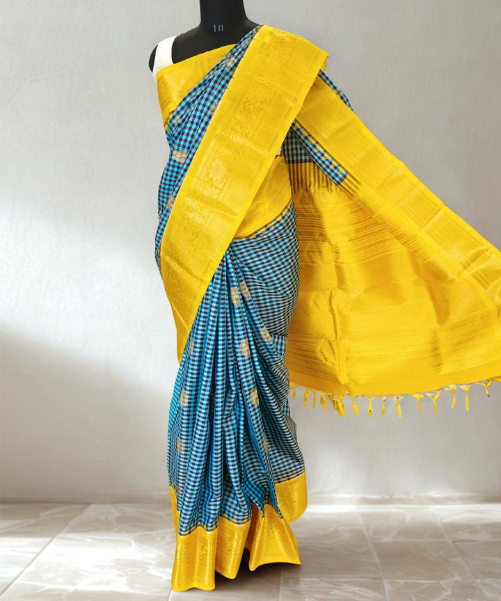 Blue black checks silk gadwal saree