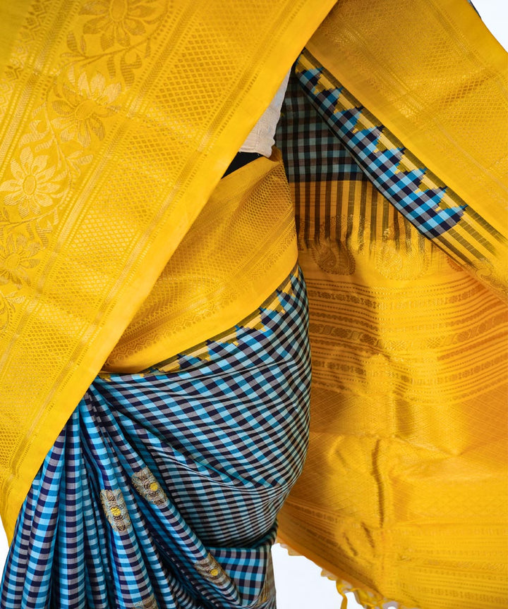 Blue black checks silk gadwal saree