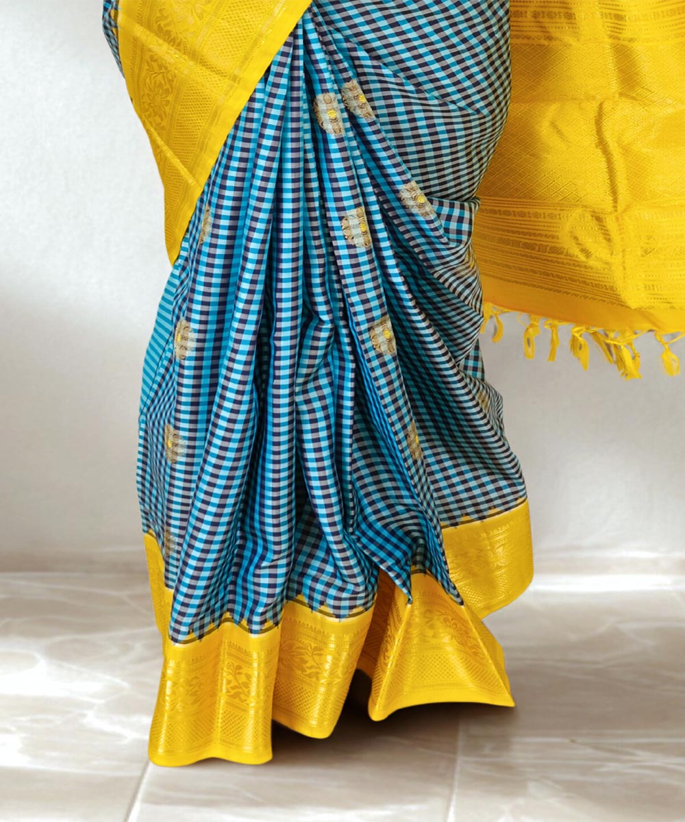 Blue black checks silk gadwal saree