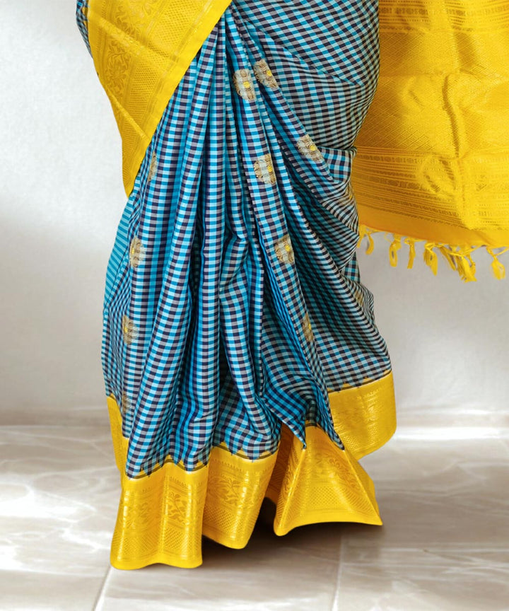 Blue black checks silk gadwal saree