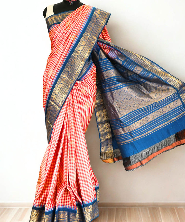 Red yellow checks silk gadwal saree