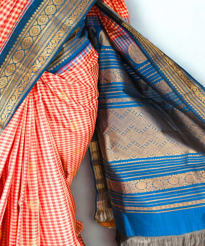 Red yellow checks silk gadwal saree