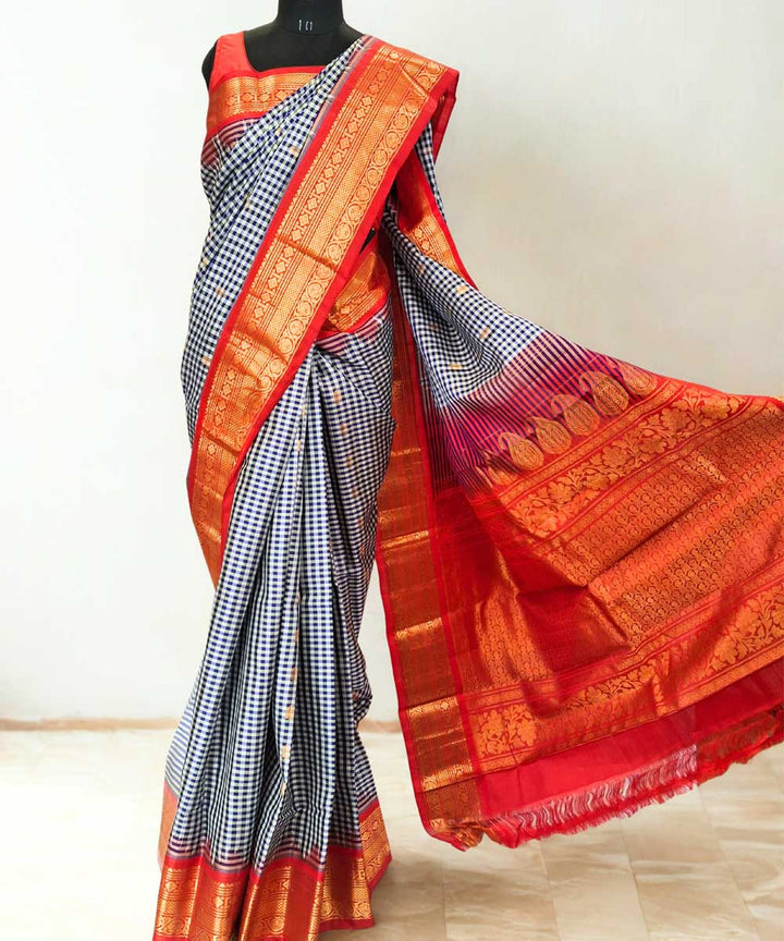 Black white checks silk gadwal saree with contrast red border