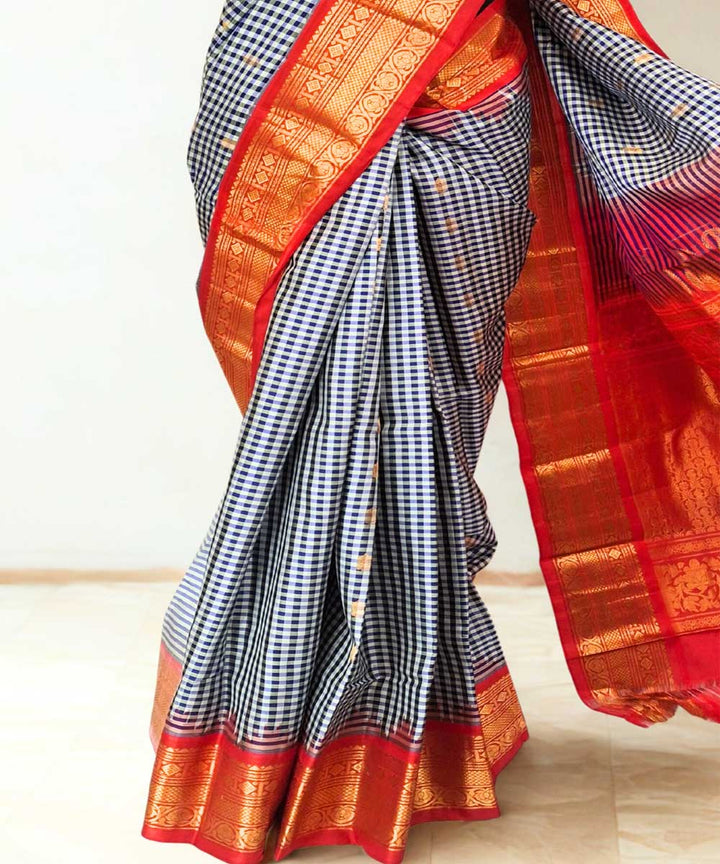 Black white checks silk gadwal saree with contrast red border