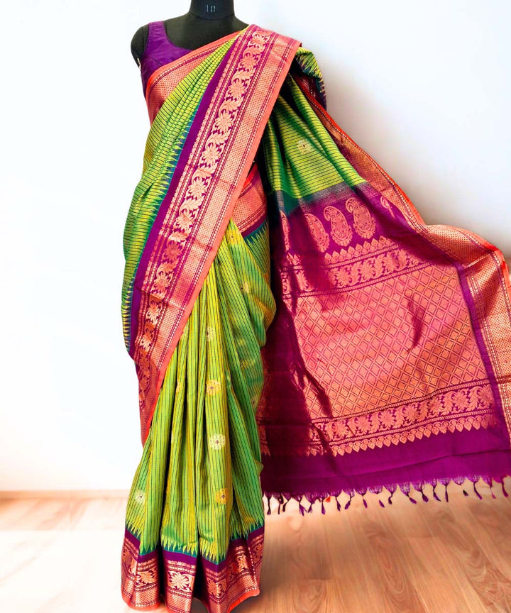 Olive green gadwal silk saree with temple border